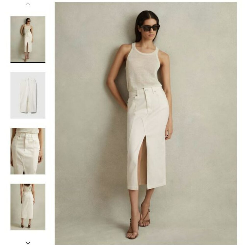 Danica High Rise Denim Midi Skirt in Ivory